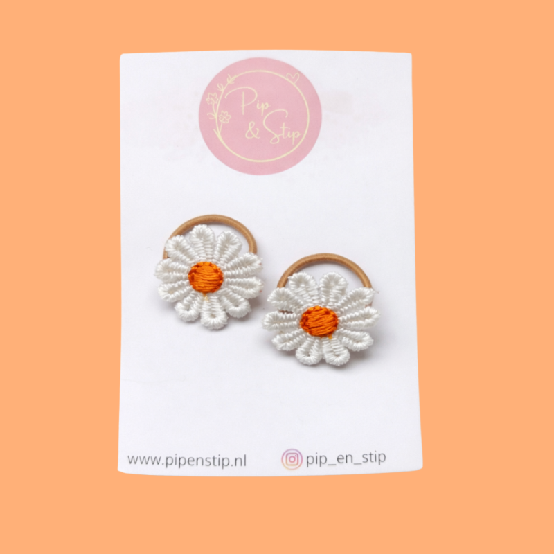 Mini Haarelastiekjes Madeliefjes Wit Oranje