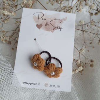 Mini Haarelastiekjes Wool Flower Cognac