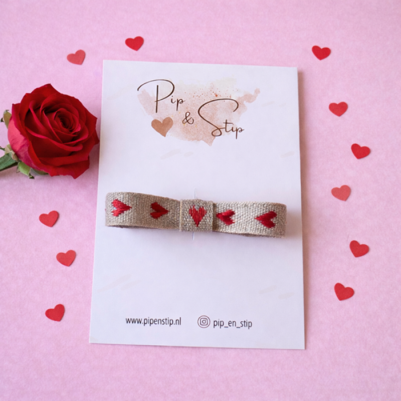 Haarstrikje Linnen Hartjes Rood