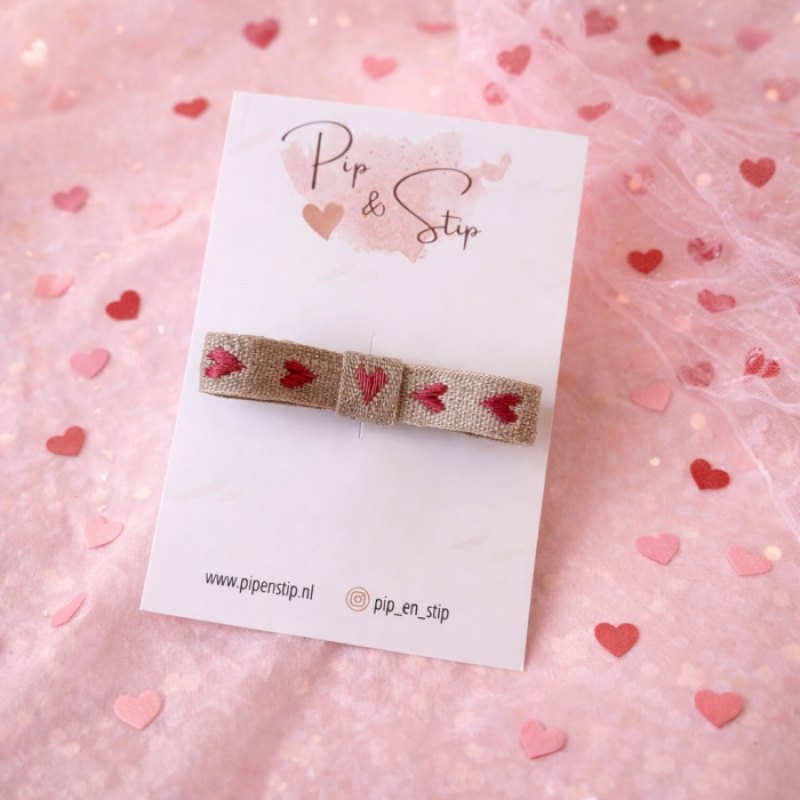 Haarstrikje Linnen Hartjes Roze